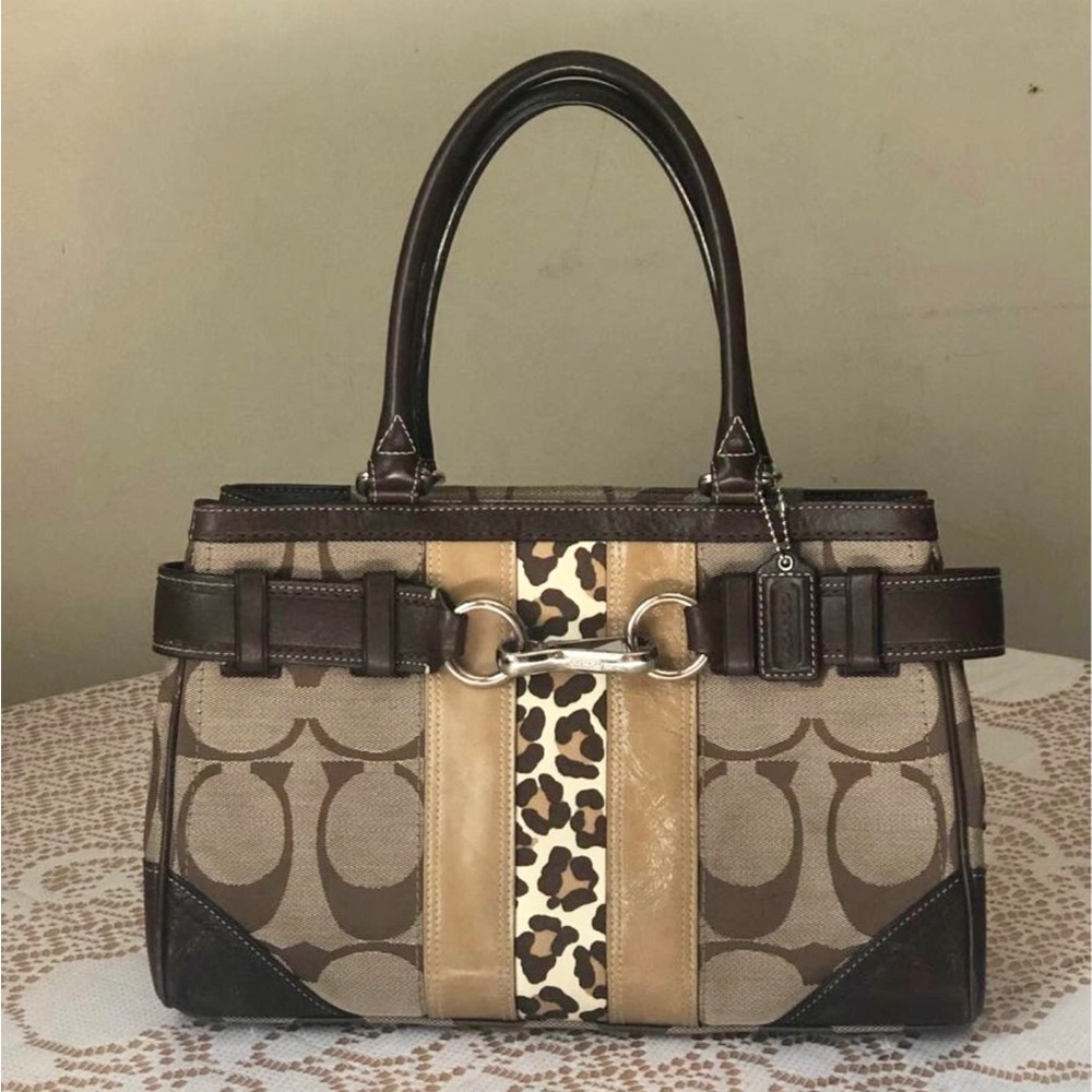 Coach Hampton Optic Signature Canvas Leather Satchel Purse Hand Shoulder Bag